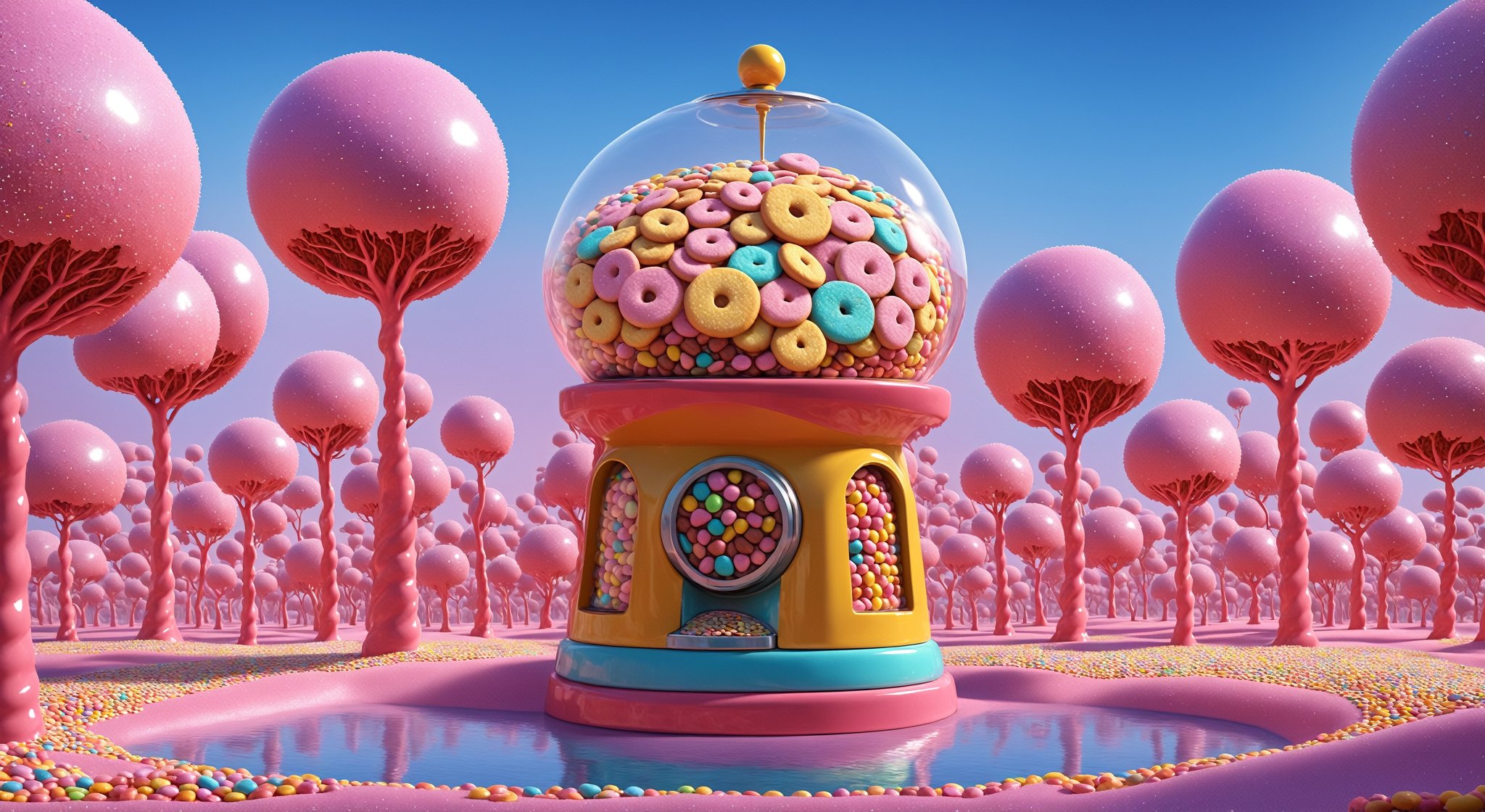 (Masterpiece, best quality:1.3), highly detailed, fantasy, 8k, sweetscape,dynamic, cinematic, ultra-detailed, sweets, fantasy, gorgeous, digital illustration, beautiful composition, oversized gumball machine, intricate details, highly detailed, volumetric lighting, (sugar:1.2), dramatic lighting, beautiful, dripping, sparkle, glitter, vivid, vibrant colors, muted colors, glowing, (see-through, transparent), lollipop tree, jammy dodgers, cookie, pink grass, chocolate hills, milk river, honey, syrup, sprinkles, pastel colors, water, (no humans), shimmer, (glaze), drizzle, beautiful, (shiny:1.2), various colors, bloom:0.4, extremely detailed, gradients),more detail XL,Movie Still