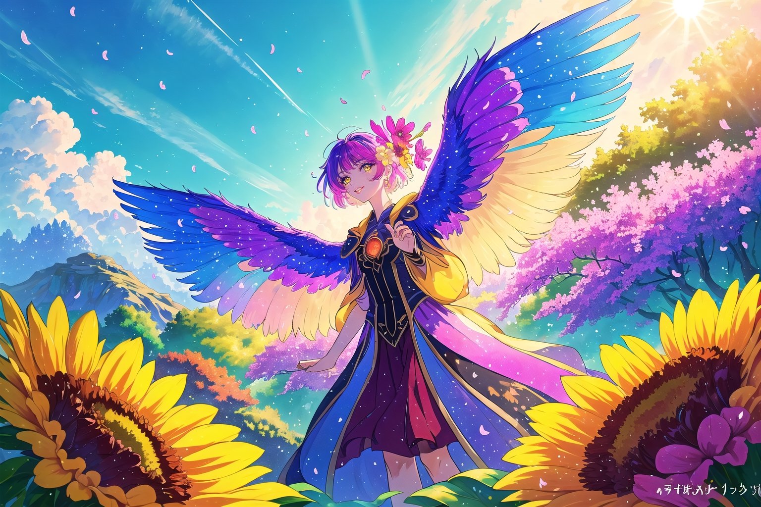 (Masterpiece,  Best Quality),  highres,  (8k resolution), digital illustration, official art,  Manga,  (Ultra-detailed), natural lighting, full background, beautiful, perfect, nature, scenery, garden, flower, flowers, magical landscape, floating particles, vivid, (fantasy:1.1), shimmer, (multicolored theme:1.3), shallow depth of field, perfect lighting, (day, sunlight, light theme, outdoors:1.3), windy, flying petals, tree