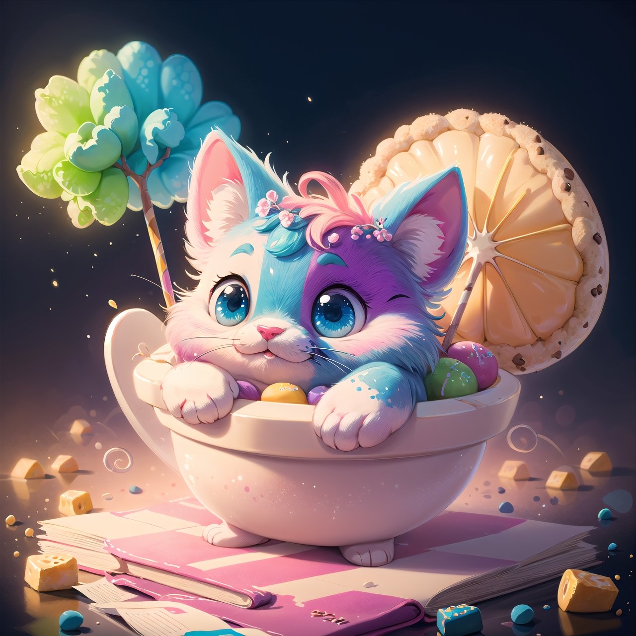 (masterpiece, best quality:1.2), 8k, top quality, cryptids, cookie with a cute face, in the style of pixar, highly detailed, 3d, beautiful, personification, deep depth of field, adorable, cute, (gradients), sweet, shiny, delicious, bloom, volumetric lighting, (fantasy), candyland, smooth, extremely detailed,cryptids,retro artstyle