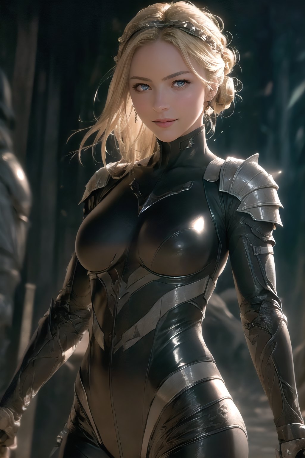 (8k, RAW photo, highest quality), (ultra-realistic RAW portrait photograph of Cara:1), photorealistic, ready to draw, long hair, leather, fantasy, greaves, visor, transparent, reflection, knight,  (perfect lighting and composition:1), (high detail, 8K resolution:1), hdr, (shot on a Hasselblad camera), (deep depth of field), lips, (bodysuit:1.2), professional photograph, studio lighting, (minimal post-processing:0.2), (dynamic angle:1.2), (dynamic, villain pose:1.2), pinup:0.3, Analog, ((Award Winning Photograph)), (hyper-realistic) (skin texture:1.2), upper body, delicate features, beautiful, cool, blonde hair, (detailed eyes, deep eyes:1.3), (hazel eyes:1.1), reflective eyes, lips, breasts, (perfect female figure:1.3), expressive, stylish, frill trim, (half updo,:1.4) long sleeves, medium breasts, (detailed shiny skin:1.3), lovely smile, low key, (highest quality), (best shadow), ,(bloom:0.7), (depth of field:1.1), (cinematic), (sharp focus:1.2), small details, fantasy, epic, (atmosphere), colorful, deep and vibrant colors, fantasy, wide shot, (gradients),cara,1 girl,col