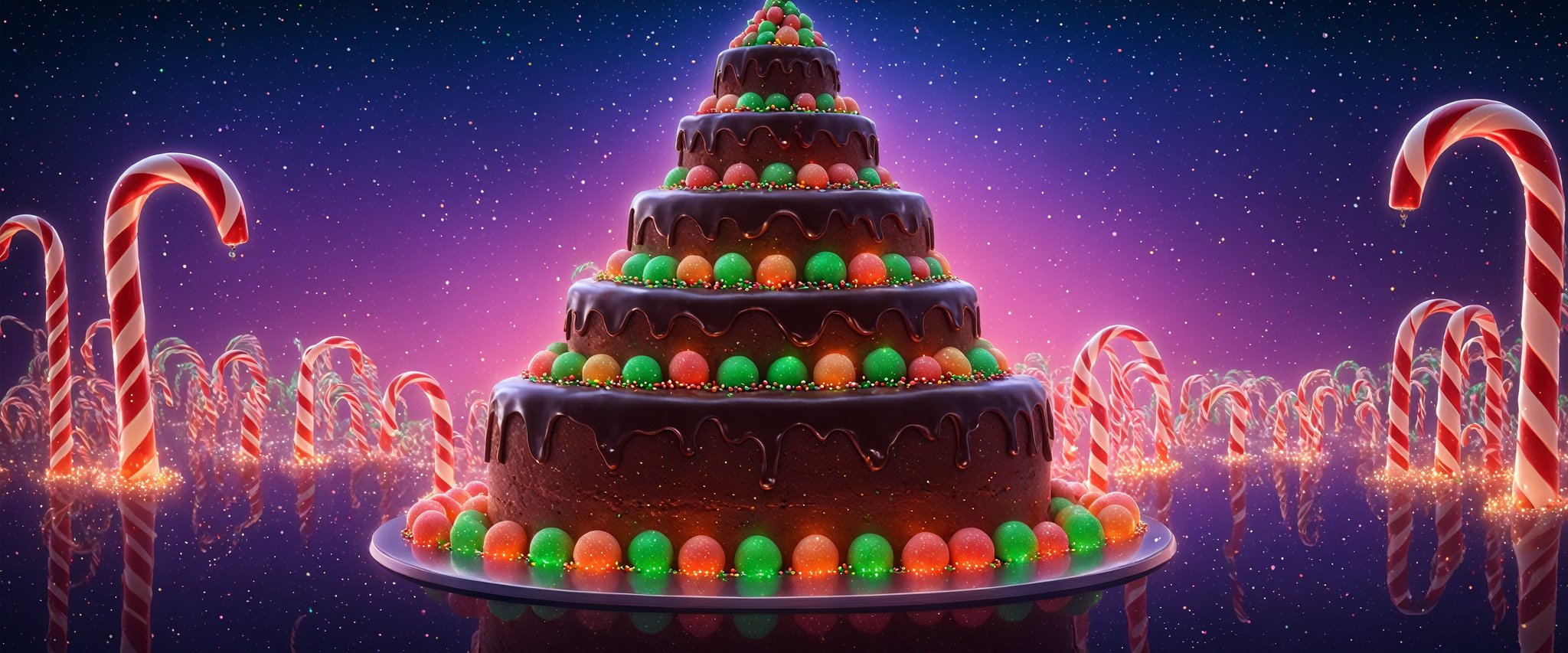 (Masterpiece, best quality:1.3), highly detailed, fantasy, 8k, sweetscape,dynamic, cinematic, ultra-detailed, sweets, fantasy, gorgeous, digital illustration, beautiful composition, oversized chocolate tower, oversize dgumball machine, intricate details, highly detailed, volumetric lighting, (sugar:1.2), dramatic lighting, beautiful, dripping, sparkle, glitter, dark theme, dark, black background, (glowing), (glowing cake), christmas, candycane, star, red and green theme, (see-through, transparent), christmas ornaments, garland, chocolate hills, milk river, honey, syrup, sprinkles, pastel colors, water, (no humans), shimmer, (glaze), drizzle, beautiful, (shiny:1.2), various colors, bloom:0.4, extremely detailed, gradients),more detail XL,Movie Still