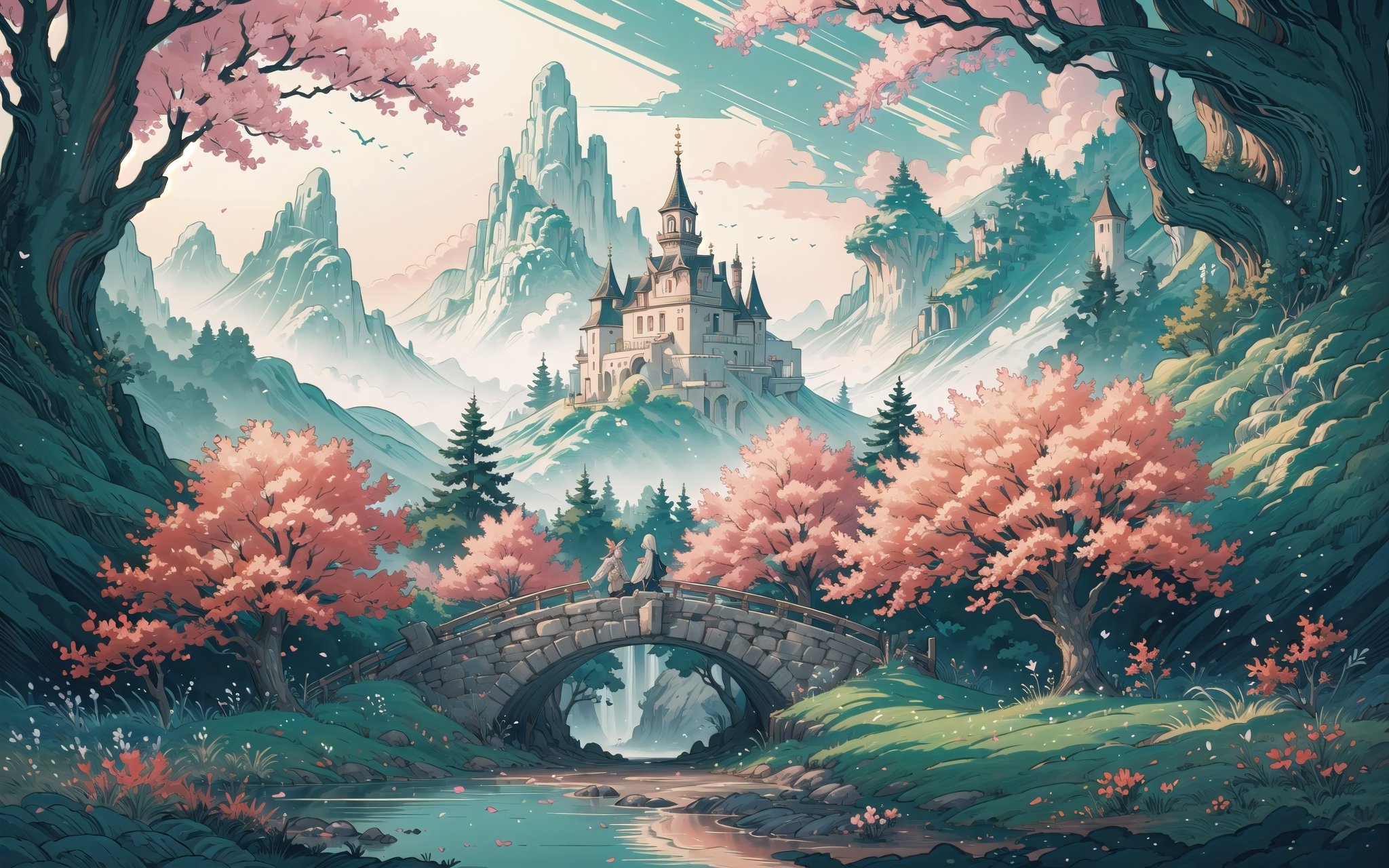 (Masterpiece, Best Quality:1.3), top quality, 8k, ultra-detailed wallpaper, ink (medium), thick lineart, retro artstyle, digital illustration, fantasy art, deep depth of field, 800mm, day, godlight, mystical, mythical, dream, magnificent ethereal fox, extremely detailed background, halation, dappled sunlight, tree, windy, stream, log bridge, warmth, perfect, bloom, backlighting, enchanting forest, floating particles, slit pupils, gorgeous animal, wide shot, full angle view, volumetric lighting, (intricate details:1.2),Rayearth,FFIXBG