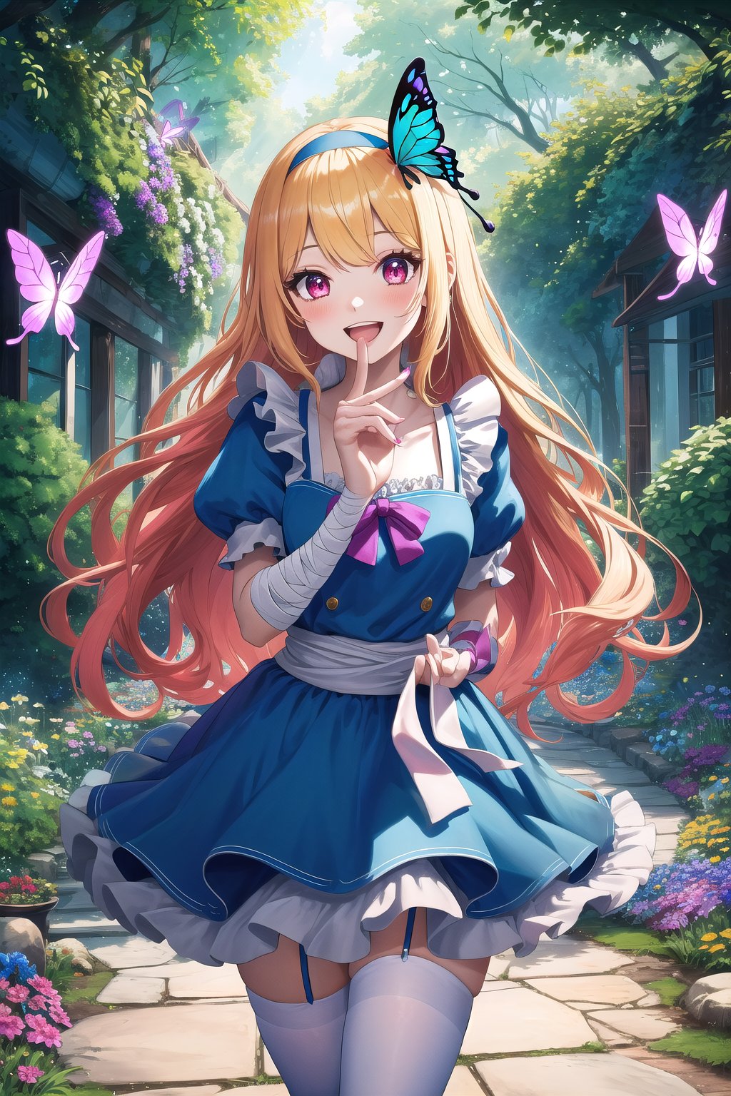 (Masterpiece), (insaneres), 8k, hyperdetailed, deep depth of field, motion blur, 0kazu, unique character concept, hyperrealistc, stunning artwork, madgod, finely crafted, alice in wonderland, diamond print thighhighs, clenched hands, diamond_(shape), hands behind back, sparkle, dreamy, cowboy shot, extremely detailed background. (perfect hands:1.1), hypnotizing pink eyes, blonde hair, very long hair, butterfly hairband, blue dress. apron, bloomers, waist bow, finger bandages, fingernails, beautiful hands, girly running, blush, happy, smile, open mouth, retro artstyle, perfect female figure, garden, psychadelic, hair ornament, gorgeous, bloom, nature, shadow, nature, overgrown,  fantasy, outdoors, sunlight, day, scenery,1 girl, atmospheric,traditional media