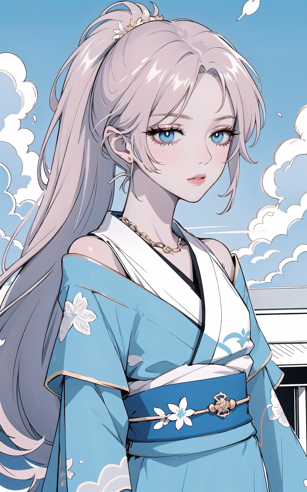 (Masterpiece,  Best Quality), top quality, highly detailed, (8k resolution), (ultra-detailed portrait), upper body, (official alternate costume:1.4), bloom, (kimono, obi:1.3), outline, soft aura, limited palette, deep colors, rich colors, spot color, (intricate details), monochrome, vibrant, (highly detailed), mature female, adult, half-closed eyes, soft makeup, ink_(medium), (long face:1.2), (thick lineart:1.2), (blue and white theme:1.3), beautiful, (detailed face, detailed eyes, deep eyes:1.2), (gradient eyes), copper hair, reflective hair, armlet, curvy, beautiful female figure, mature female, jewelry, head adornment, gold chain, waist chain, jacket, off shoulder,long hair, low ponytail, (long face, full lips), dynamic pose, cocktail dress, looking at viewer, sitting, lying, on side, hand on own hip, perfect hands, nail polish, crossed legs, eye trail, glowing, dark room, studio lighting, sky, cloud, (shiny), floating, atmosphere, misty, no humans, day, halation, sunlight,] (intricate details:1.2), day, (volumetric lighting, soft lighting:1.1), multicolored theme, (clouds, cloud, surrounded by clouds), bloom, windy, petals, surreal, (fantasy:1.1), eugene_volkan,sugar_rune