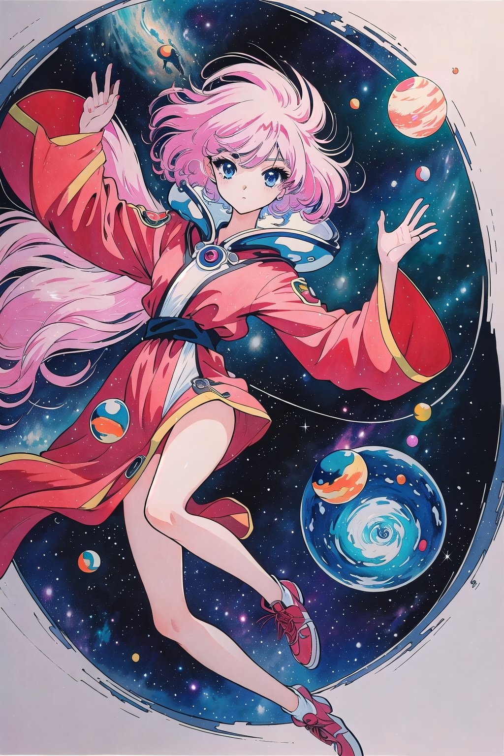(Masterpiece,  Best Quality),  highres,  (8k resolution), retro artstyle, digital illustration,  official art,  (Traditional Media:1.2),  ((2d)),  Manga,  (Ultra-detailed),  1girl, ypper body,  solo,  beautiful,  floating hair,  perfect female figure,  space,  depth of field, 