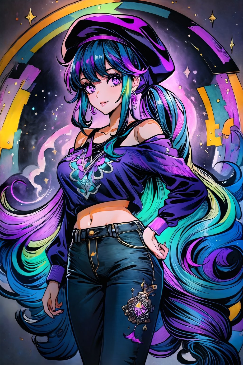 (Masterpiece, Best Quality:1.3), insaneres, (8k resolution), (centered), digital illustration, (outline, thick lineart), glowing, bloom, shadow, (faux traditional media:1.3), long bangs, (open clothes:1.2), jacket, off shoulder, purple eyes, jewelry,  looking at viewer, large breasts, (multicolored theme:1.3), shirt print, shirt, pants, giggling, tan skin, (very long hair, low ponytail:1.3), beret, magical girl,sugar_rune,fodress,1 girl