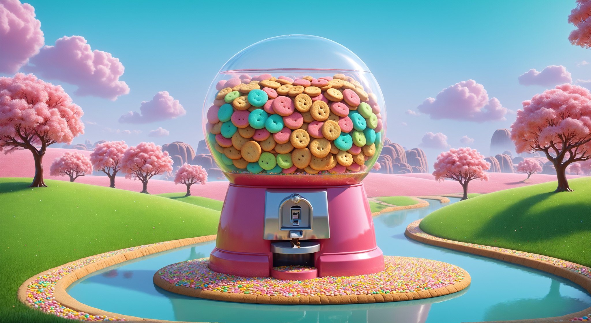 (Masterpiece, best quality:1.3), highly detailed, fantasy, 8k, sweetscape,dynamic, cinematic, ultra-detailed, sweets, fantasy,hyper-realistic, tilt-shift,  gorgeous, digital illustration, beautiful composition, oversized gumball machine, intricate details, highly detailed, volumetric lighting, (sugar:1.2), dramatic lighting, beautiful, dripping, oversized cookie, sparkle, wafer bridge, , glitter, green grass, brown grass, (house:1.2), vivid, vibrant colors, muted colors, glowing, (see-through, transparent), lollipop tree, jammy dodgers, cookie, pink grass, chocolate hills, milk river, honey, syrup, sprinkles, pastel colors, water, (no humans), shimmer, (glaze), drizzle, beautiful, (shiny:1.2), various colors, bloom:0.4, extremely detailed, gradients),more detail XL,Movie Still,kawaiitech