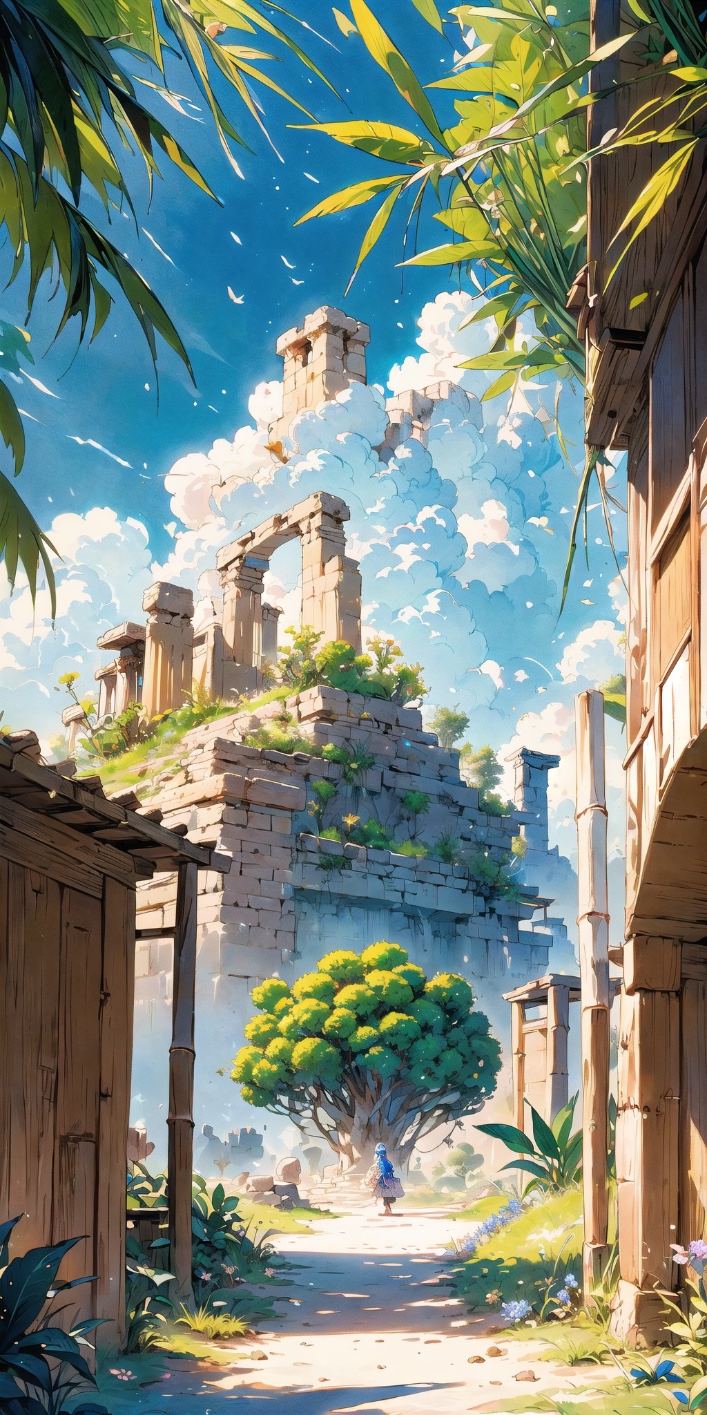 (Masterpiece, Best Quality:1.3), insaneres, 8k, highly detailed, top quality, ultra-detailed, 2d, (faux traditional media:1.3), manga, digital illustration, fantasy, thick lineart, outline, flower, (desert:1.3), gorgeous view, bamboo forest, zen, (paradise), greek, shimmer, overgrowth, blue sky, (cloud), volumetric lighting, fairytale, wonder, dreamy, outdoors, nature, greek architecture, (extremely detailed background:1.2), 85mm, hyperrealistic, film grain, colorful, ancient ruins, (shadow), blurry foreground, (intricate details), mystical, (natural lighting:1.1), cozy, bloom, (deep depth of field:1.3), (floating islands in the distrance)