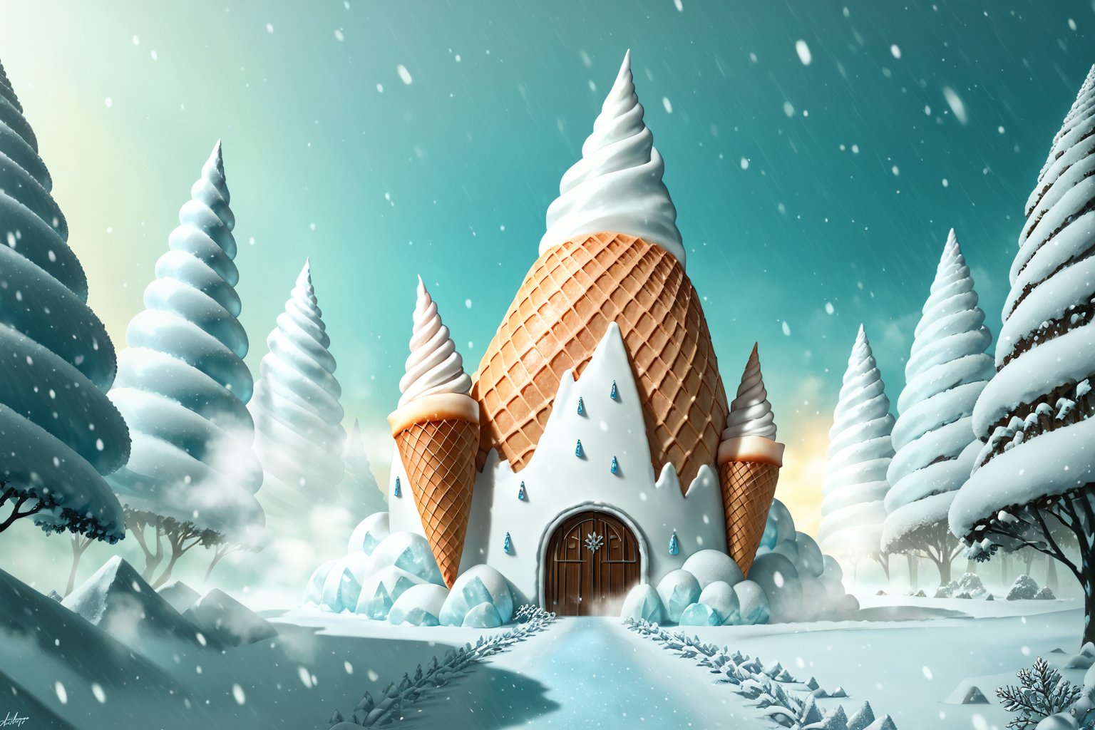 Score_9, Score_8_up, Score_7_up, (masterpiece, best quality), (insaneres), 8k resolution wallpaper, hyperdetailed, sweetscape, full background, fantasy, sugar, shiny, (isometric:1.2), tilt-shift, (oversized ice cream, ice cream mountain), frosty, beautiful, snowing, cold, winter (season), smooth, dripping, tilt-shift, fog, atmosphere, landscape, falling snow, blizzard, (deep depth of field), sprinkles, sugar, glitter, volumetric lighting,  (Extremely detailed, intricate details),Low-key lighting Style