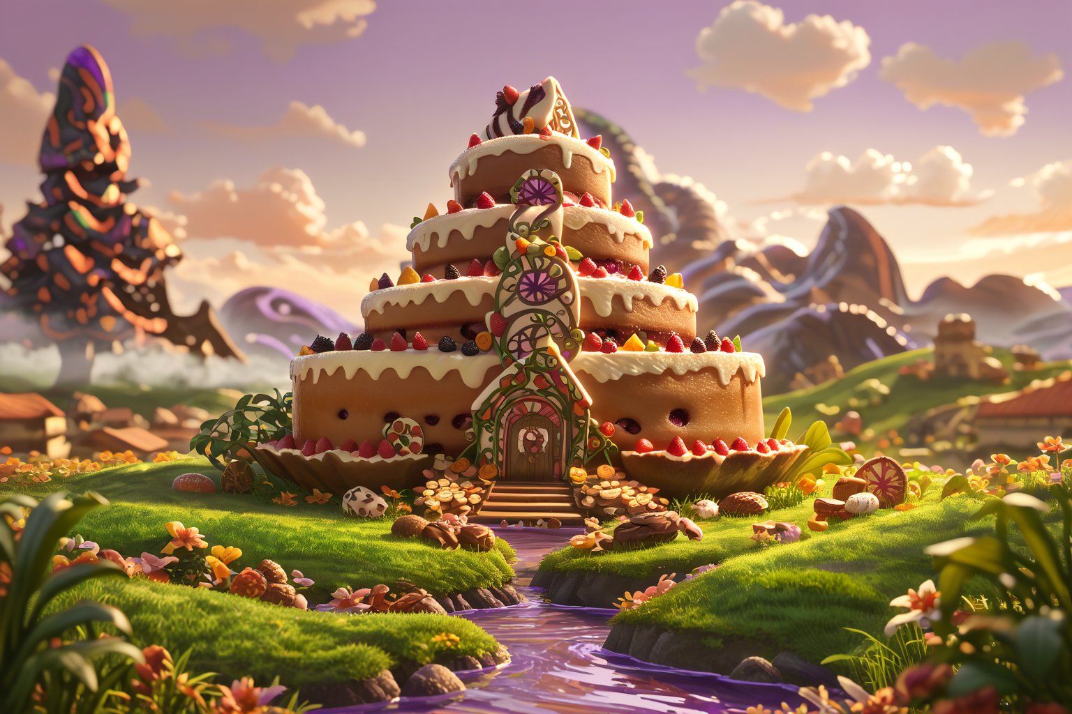 Score_9, Score_8_up, Score_7_up, (masterpiece, best quality), (insaneres), 8k resolution wallpaper, hyperdetailed, 2d, cartoon, sweetscape, full background, fantasy, sugar, shiny, (isometric:1.2), tilt-shift, rainbow terrain, candy, (chololate:1.3), oversized truffle, smooth, round roof, rounded corners, dripping, oversized cake, cake, tilt-shift, smarties, spiral tree, grass, landscape, (purple water:1.4), (deep depth of field), sunset, glaze, cookie, sugar, glitter, volumetric lighting,  (Extremely detailed, intricate details)