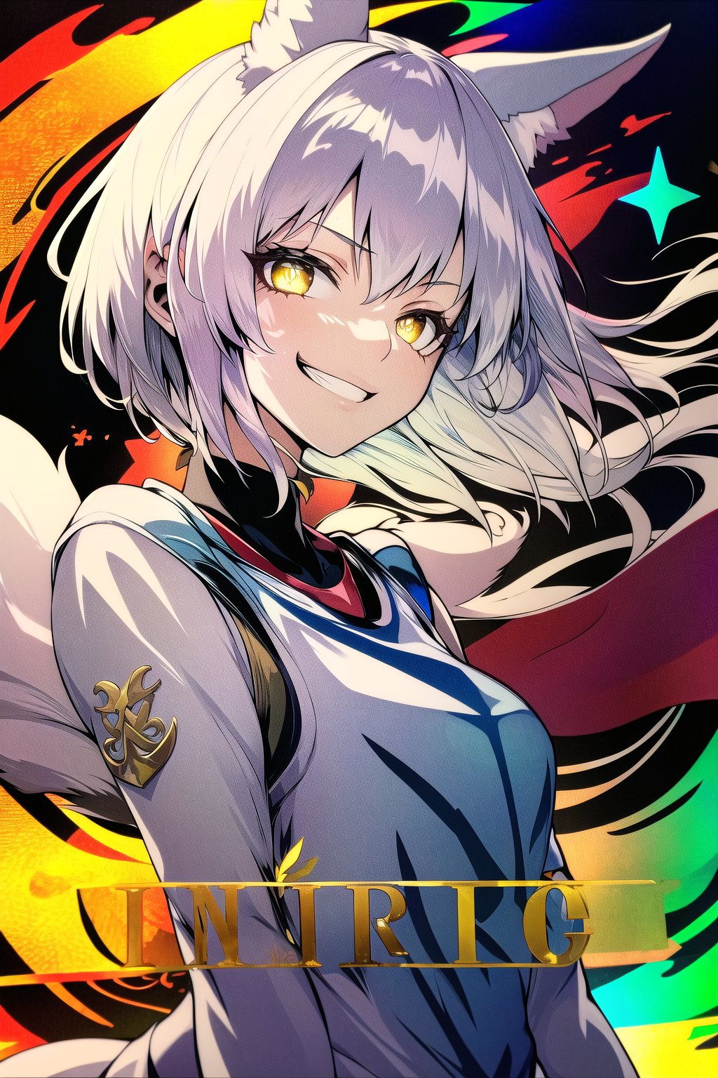 (Masterpiece, best quality:1.4), insaneres, top quality, 8k resolution, card_(/medium), holofoil, solo, upper body, (aura, outer glow:1.1),  white hair, wind, short hair, cute, jacket, fox girl, shirt, smirk, grin, hypnotic yellow eyes, glowing, bloom, nature, bloom, facing viewer, 1girl,  green hair, gorgeous, looking at viewer, (deep depth of field:1.2), bracelet, floating, magical girl, (shiny:1.5), volumetric lighting,shimmer,glitter,Fluffy,traditional media