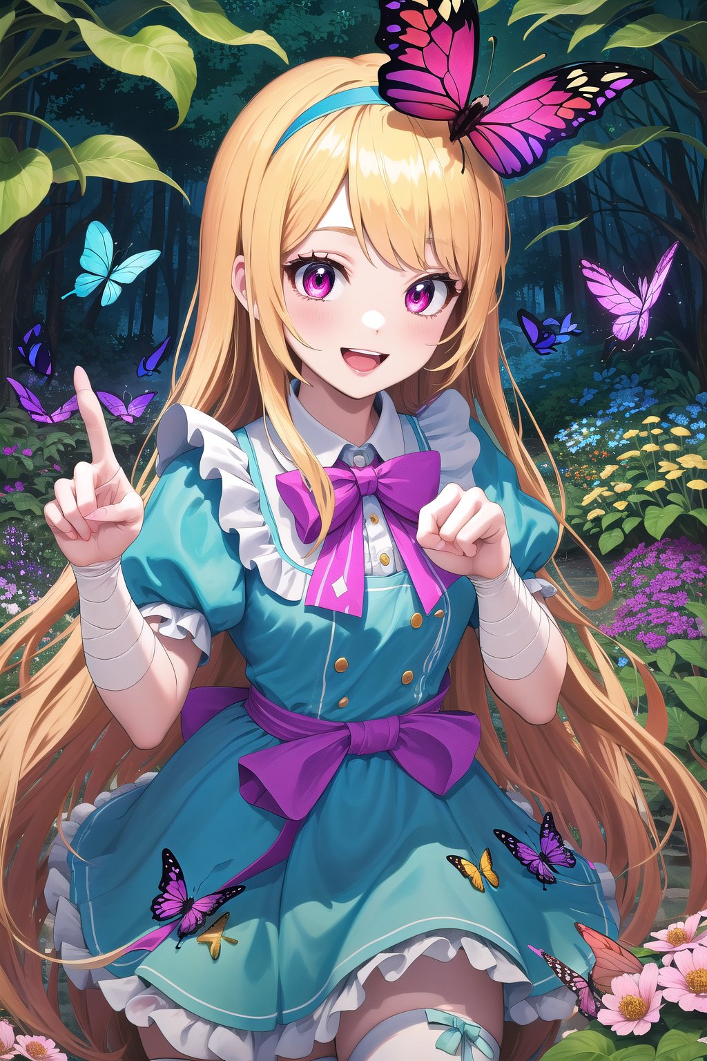 (Masterpiece), (insaneres), 8k, hyperdetailed, deep depth of field, motion blur, 0kazu, unique character concept, hyperrealistc, stunning artwork, finely crafted, alice in wonderland, madgod, diamond print thighhighs, clenched hands, diamond_(shape), paw pose, sparkle, dreamy, cowboy shot, extremely detailed background. (perfect hands:1.1), hypnotizing pink eyes, blonde hair, very long hair, butterfly hairband, blue dress. apron, bloomers, waist bow, finger bandages, fingernails, beautiful hands, girly running, blush, happy, smile, open mouth, retro artstyle, perfect female figure, garden, psychadelic, hair ornament, gorgeous, bloom, nature, shadow, nature, overgrown,  fantasy, outdoors, sunlight, day, scenery,1 girl, atmospheric,traditional media