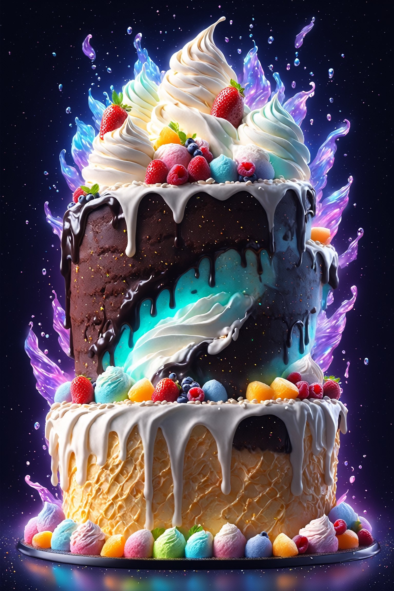 (Masterpiece, best quality:1.3), highly detailed, fantasy, 8k, sweetscape, dynamic, cinematic, ultra-detailed, sweets, fantasy, gorgeous, digital illustration, beautiful composition, intricate details, highly detailed, volumetric lighting, ice cream, whipped cream, sugar, dramatic lighting, beautiful, dripping, sparkle, glitter, dark theme, multicolored theme, dark, black background, (glowing), glowing cake, (see-through, transparent), scenery, (no humans), shimmer, drizzle, beautiful, (shiny:1.2), various colors, bloom:0.4, extremely detailed, gradients),more detail XL,niji style,sweetscape