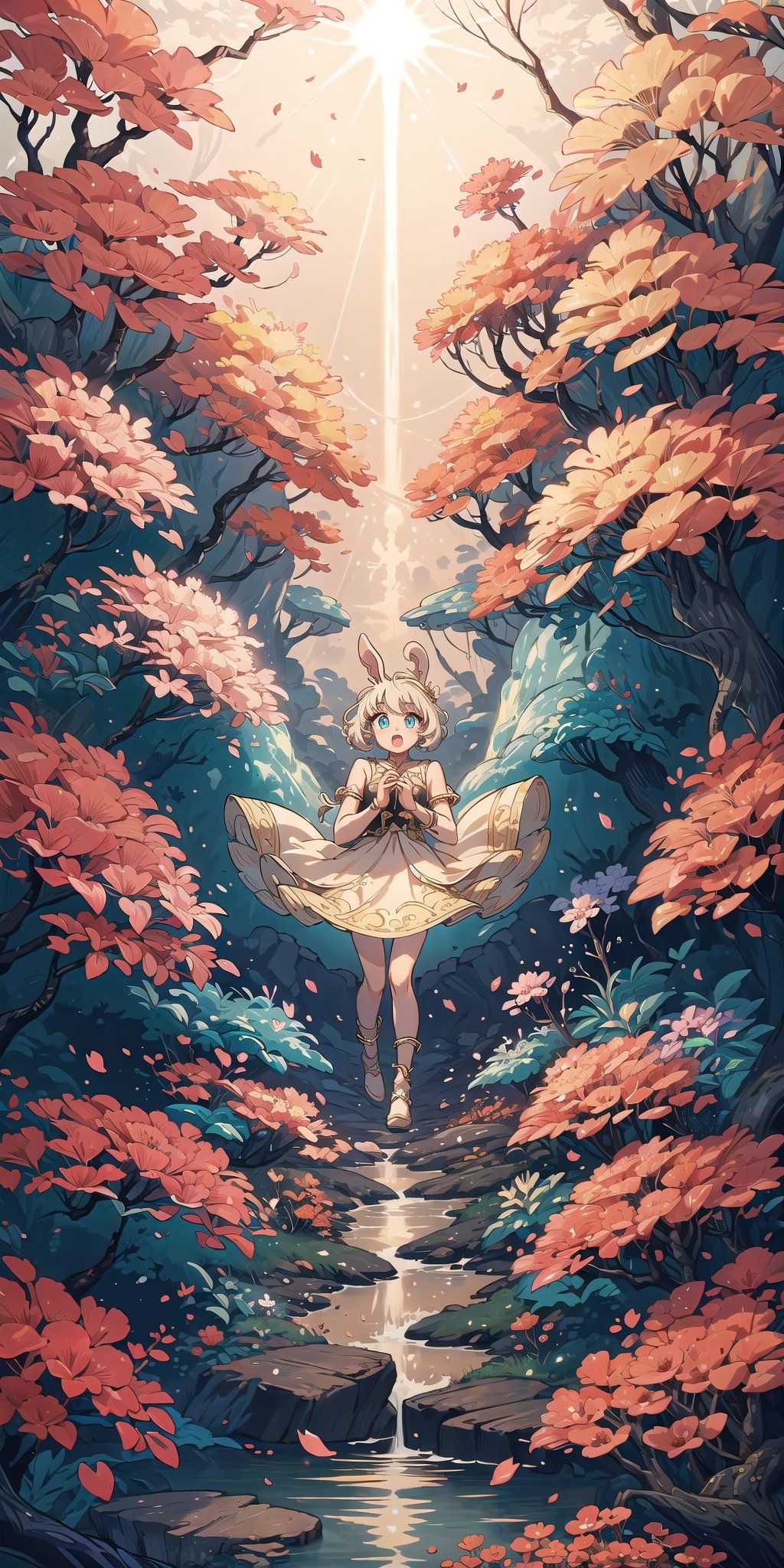 (Masterpiece, Best Quality:1.3), top quality, 8k, ultra-detailed wallpaper, ink (medium), thick lineart, retro artstyle, digital illustration, fantasy art, deep depth of field, 800mm, day, godlight, mystical, mythical, art by beatrix potter, 1girl, dress, detailed face, magic and splendor, skipping, giggling, open mouth, upper teeth, 1boy, short hair, ringlets, curls, detailed eyes, dream, magnificent ethereal bunny, extremely detailed background, halation, dappled sunlight, tree, windy, stream, log bridge, warmth, perfect, bloom, backlighting, enchanting forest, floating particles, slit pupils, gorgeous animal, wide shot, full angle view, volumetric lighting, (intricate details:1.2),Rayearth,FFIXBG,madgod