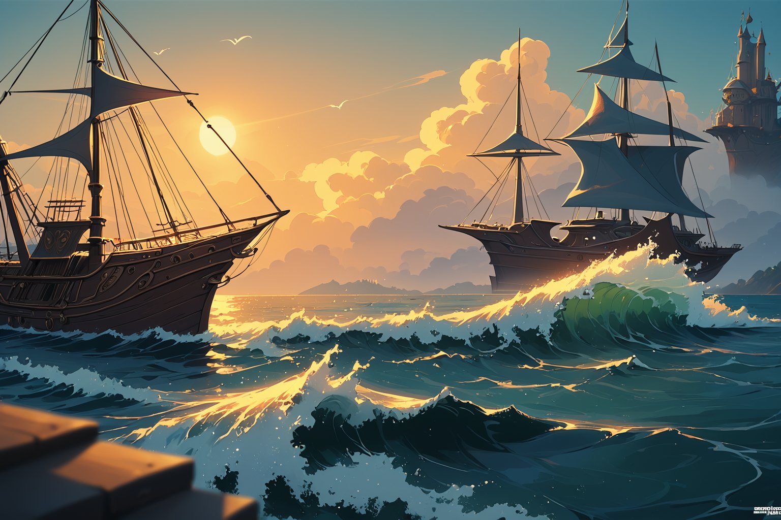 score_9, score_8_up, score_7_up, (Masterpiece, best quality:1.3), retro artstyle, 2d, thick lineart, cartoon, (no humans:1.3), cinematic shot of a cartoon pirate ship on the ocean, 16th century, fairytale book, warmth, fantasy, adventure, epic, logo, sharp focus, 35mm, intricate details, finely crafted, sunlight, muted tones, soothing colors, day,  cinematic, nostalgic visuals with charming hand-drawn animation, fun, no humans, raytracing, volumetric, tilt-shift, deep depth of field, motion blur, (shiny), hyperdetailed,  (captivating storytelling:1.2), 8k, (nostalgic, fog, waves, hyperrealistic, atmosphere:1.2),vintage, Expressiveh,madgod,disney pixar style,Roman,cartoon logo,c0raline_style,GUILD WARS