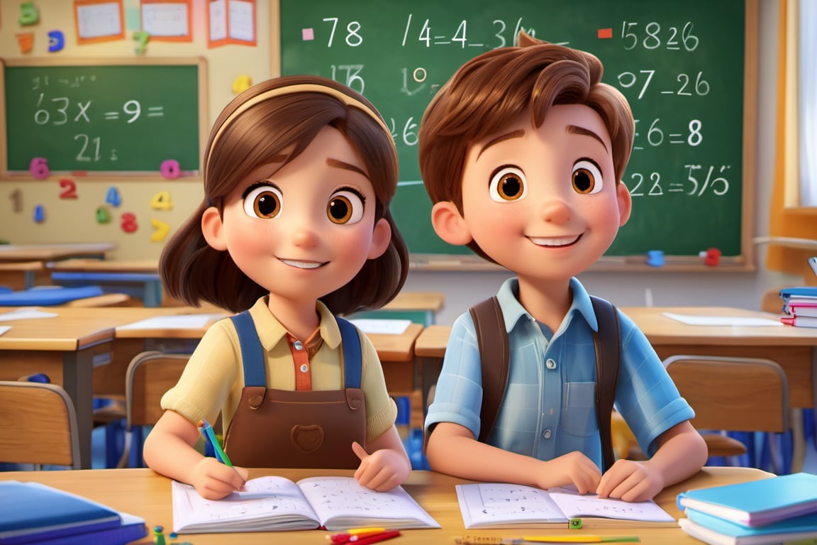 Happy Girl and Boy discovering maths pixar style, classroom with blackboard in the background with additions and numbers