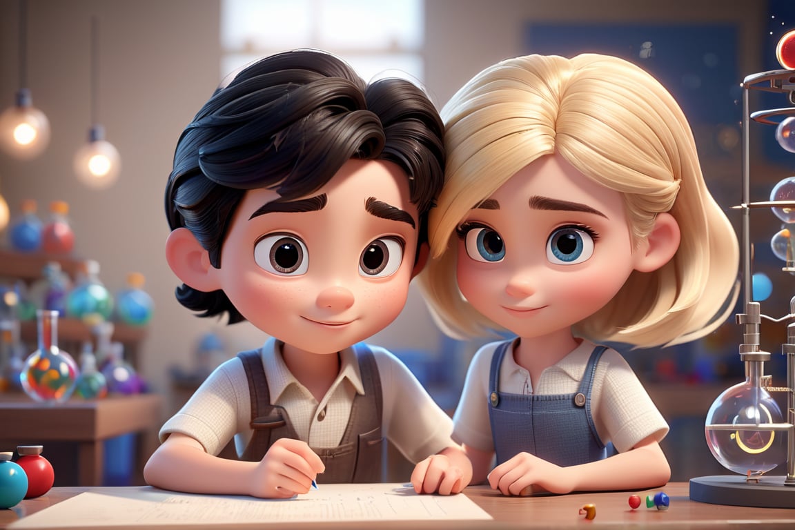 Disney Pixar little dark hair Girl and blond hair boy learning together physics in a lab, disney stylem, bokeh effect, 3d render, high quality, masterpiece, detailed face, detailed hair, detailed eyes,3d toon style, high detailed skin, detailed hands, Disney Pixar style