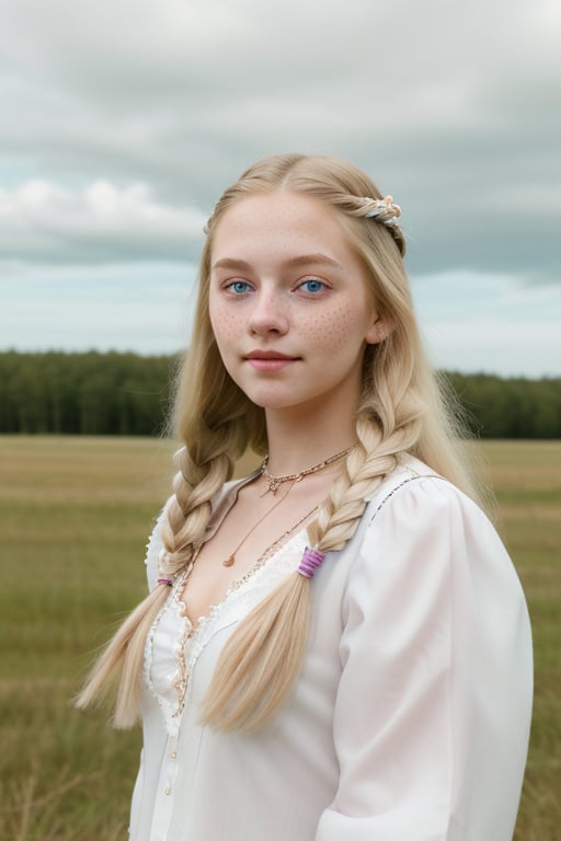 A young woman with a serene and captivating expression stands against a backdrop of soft, fluffy clouds. Her long, blonde hair is styled in two loose braids, with wisps gently blowing in the breeze. She has bright blue eyes and a face adorned with light freckles. She is wearing a white, lace-trimmed blouse with a deep neckline, paired with a dark vest. Her outfit is accessorized with multiple thin necklaces, including a small pendant. The overall scene exudes a dreamy, ethereal quality, with the soft focus and natural lighting enhancing the mystical atmosphere