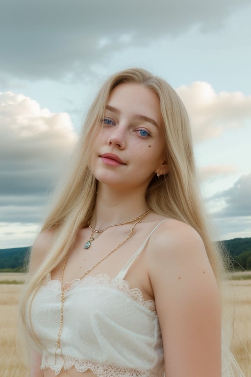 A young woman with a serene and captivating expression, standing against a (((backdrop of soft, fluffy clouds))). Her long, blonde hair is styled in two loose braids, with wisps gently blowing in the breeze. She has blue eyes and very light freckles on her face. She is wearing a white, lace-trimmed blouse which is unbuttoned to her navel, showing the cleavage of her breasts, paired with a small dark vest. Multiple thin necklaces adorn her neck, including a small pendant. (((The scene exudes a dreamy, ethereal quality with soft lighting and a focus on natural beauty))).