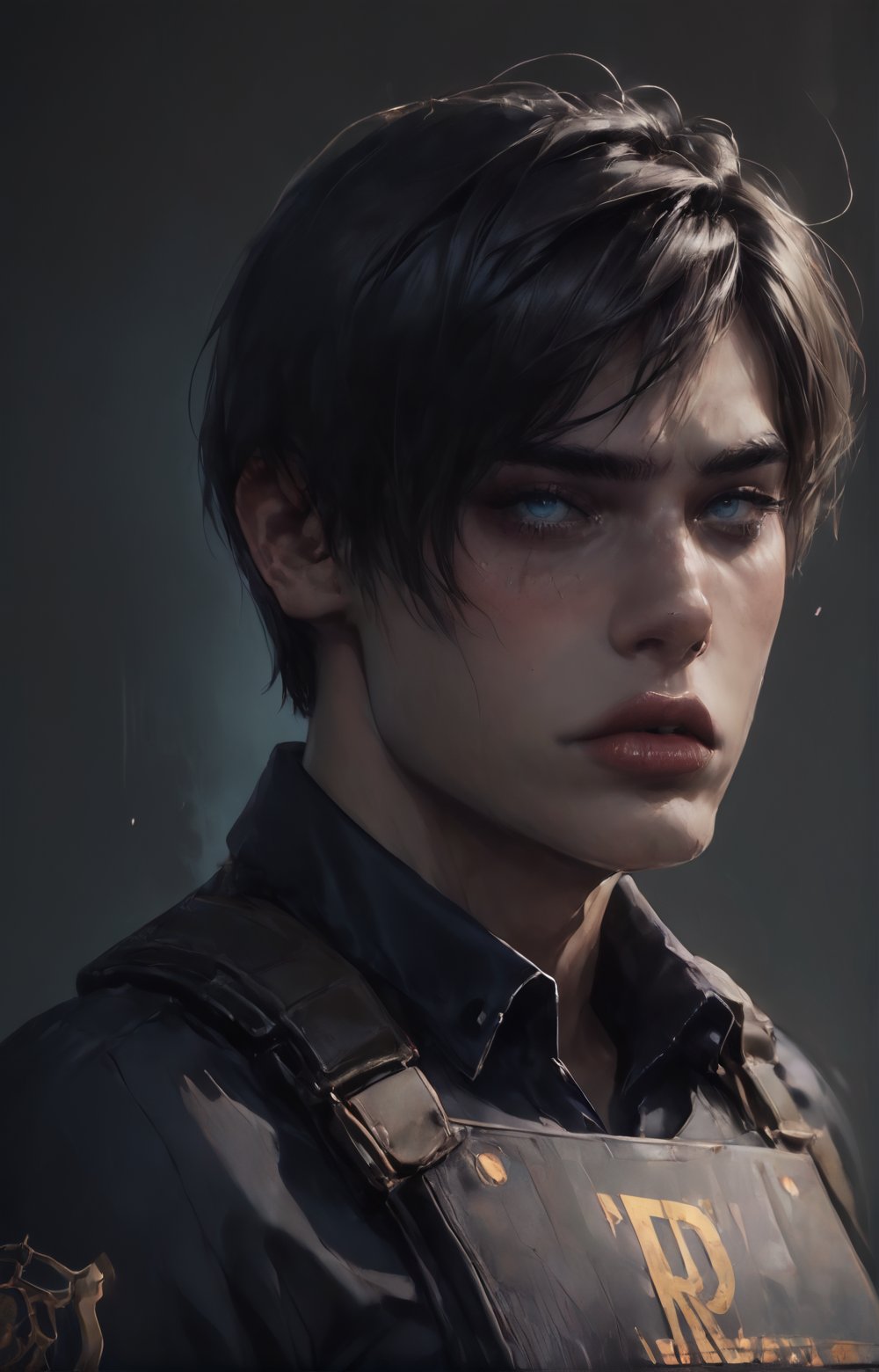 A close-up shot captures Leon Kennedy's piercing light blue eyes as he winks slyly at the camera. His short, grey hair is perfectly messy, framing his chiseled features. He dons a police uniform, complete with a bulletproof vest, fingerless gloves, and elbow pads, exuding a sense of professionalism despite his rugged appearance. The dark strokes and rough lines of the charcoal sketch bring out the sharp contours of his face. Against a black background, his blue shirt provides a striking pop of color. As he winks, his tough-guy persona takes center stage.

score_9, score_8_up, score_7_up, score_6_up, vivid color, masterpiece, best quality, amazing quality, very aesthetic, absurdres, depth of field, 
complicated_detailed, detailed_face, masterpiece, ultra HD, raw photos, detailed skin textures, detailed face, detailed hair, perfect eyes, perfect skin, 