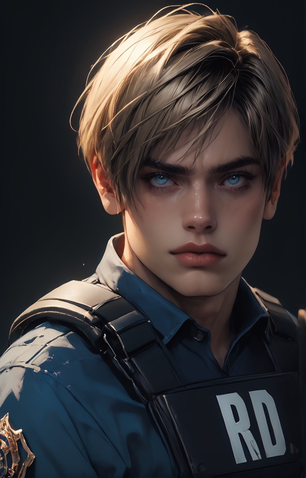 A close-up shot captures Leon Kennedy's piercing light blue eyes as he winks slyly at the camera. His short, blonde hair is perfectly messy, framing his chiseled features. He dons a police uniform, complete with a bulletproof vest, fingerless gloves, and elbow pads, exuding a sense of professionalism despite his rugged appearance. The dark strokes and rough lines of the charcoal sketch bring out the sharp contours of his face. Against a black background, his blue shirt provides a striking pop of color. As he winks, his tough-guy persona takes center stage.

score_9, score_8_up, score_7_up, score_6_up, vivid color, masterpiece, best quality, amazing quality, very aesthetic, absurdres, depth of field, 
complicated_detailed, detailed_face, masterpiece, ultra HD, raw photos, detailed skin textures, detailed face, detailed hair, perfect eyes, perfect skin, 