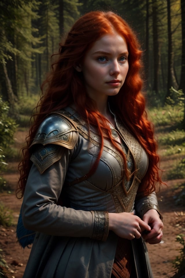 A 16-year-old Merida, with fiery red hair and porcelain-white skin, gazes innocently ahead, her bright blue eyes sparkling. She wears a dark Celtic coat, complete with intricate travel clothing, and holds a small dagger in her hand. Framed against a medieval forest backdrop, the youthful warrior's facial expression remains pure and untouched by the world around her.