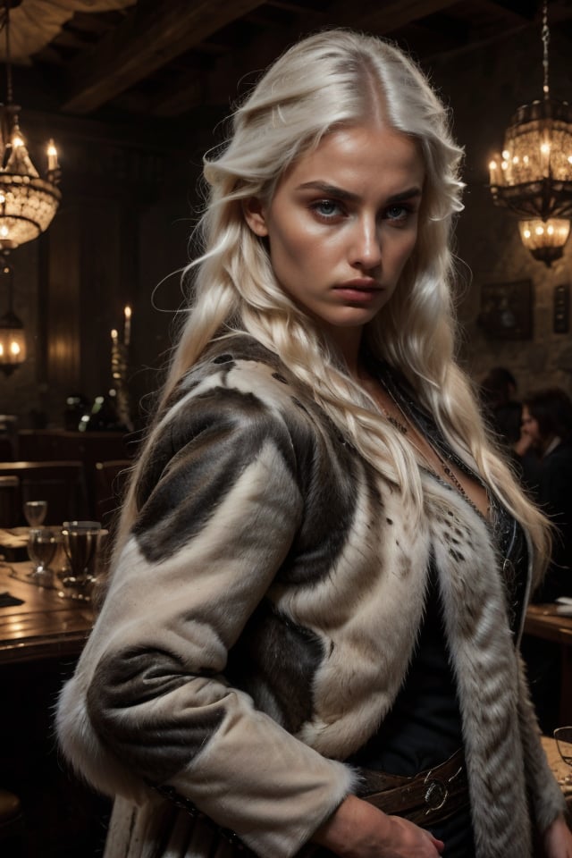 (epic movimiento, epic pose inside of a tabern , small ears, 1 Woman face like Ciri, cirilla beautiful face eropean angelical face,  of a woman with platinum hair, platinum very long hair,  white skin, púrple eyes biger, labios borgoña, Cold colors, cold lighting) 
and Nordic-inspired clothing featuring animal hides, herself in a luxurious fur-lined coat, the texture of which resembles an osso's pelt
Dressed a outfit blacK (in a taberna )