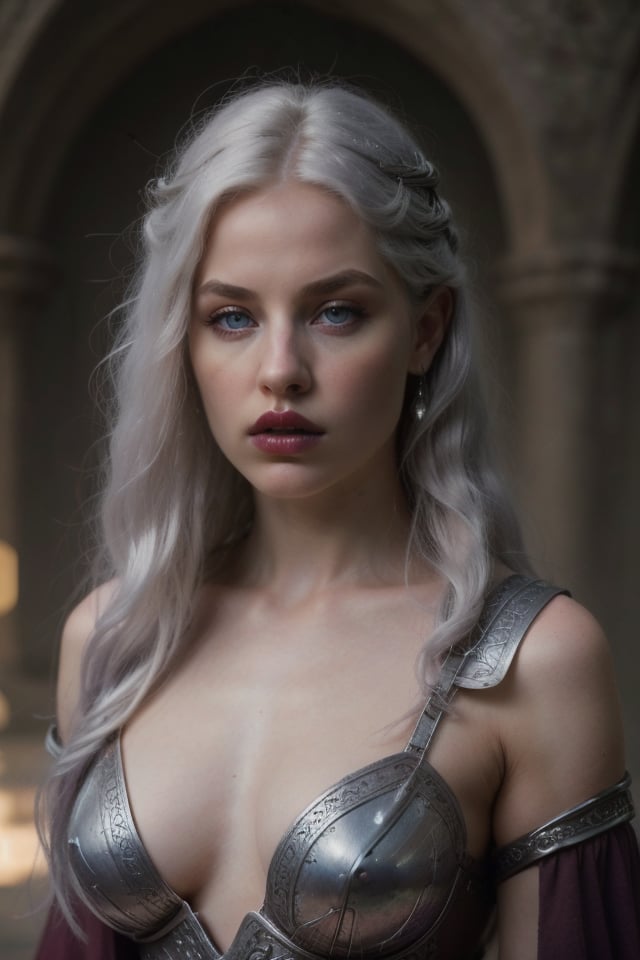 (Make an artistic masterpiece, high quality, high definition) beautiful albino woman, purple eyes, burgundy lips. (Long silver hair similar to waist cirilla, heart-shaped face) Medieval image, black mountruos hunter costume


