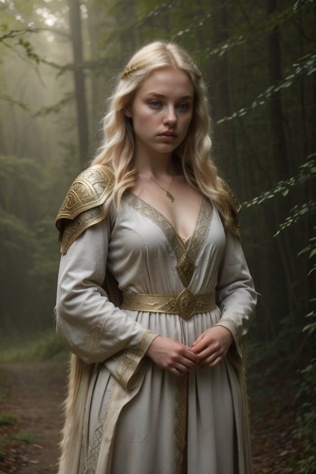 Medieval Celtic landscape: A young white-skinned woman with violet eyes sits amidst a misty forest, her porcelain complexion glowing in the soft, golden light of dawn. She wears a bearskin cloak, its creamy fur glistening in the morning dew, as she gazes downward, her slender fingers tracing the intricate patterns on a wooden staff.