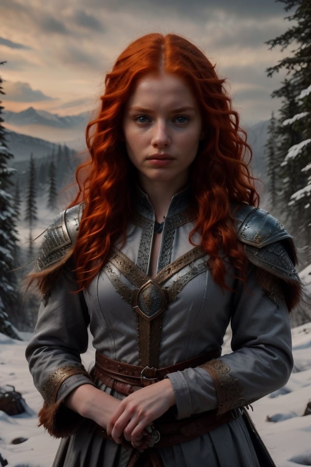 A 16-year-old Merida, with fiery red hair and porcelain-white skin, gazes angry fiery ahead, her bright blue eyes sparkling. She wears a dark Celtic coat, complete with intricate travel clothing, and holds a small dagger in her hand. Framed against a medieval forest backdrop, the youthful warrior's facial expression remains angry and untouched by the world around her.

Snow forest (Fire magic in hands, fire sorceress )