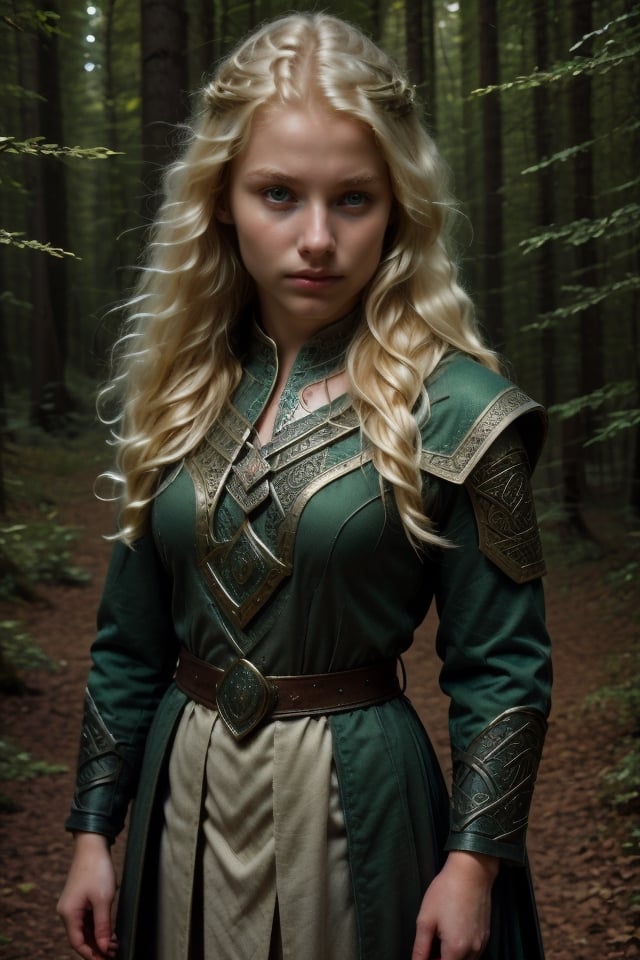 Medieval ofensiva position Small dagger in hand (14 year old blonde teenager) youthful face and body) beautiful girl with very long blonde hair, emerald green eyes (emerald green eyes).
Travel clothing and Celtic coat black dark custome. Small dagger in hand

Innocent face expression, (medieval image forest, medieval Celtic theme) 