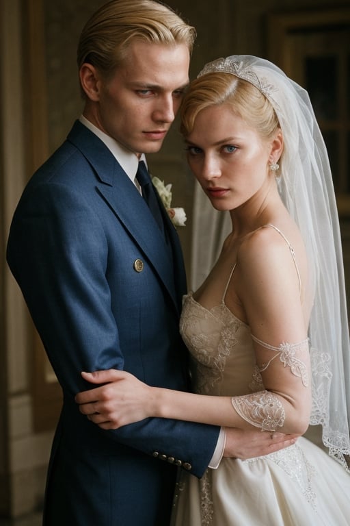 (high image quality, intricate details, inspiration on 1940, dramatic escene, dramatic romance photo, holding His VERY BEAUTIFUL WIFE with RED-HAIR)
Tall attractive young man, Beautiful but manly face, blonde hair, angelic face, blue-eyed blond handsome man. Mafia boss, vintage suit from the 40s, vintage home, intimidant eyes, ,RE4Leon,re2leon
