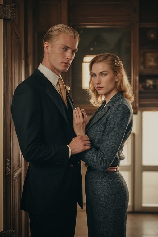 (high image quality, intricate details, inspiration on 1940,holding His wife with red-hair)
Tall attractive young man, Beautiful but manly face, blonde hair, angelic face, blue-eyed blond handsome man. Mafia boss, vintage suit from the 40s, vintage home, intimidant eyes, ,RE4Leon,re2leon
