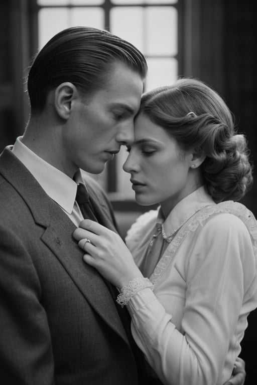 (high image quality, intricate details, inspiration on 1940, dramatic escene, dramatic romance photo, holding His VERY BEAUTIFUL WIFE with RED-HAIR)
Tall attractive young man, Beautiful but manly face, blonde hair, angelic face, blue-eyed blond handsome man. Mafia boss, vintage suit from the 40s, vintage home, intimidant eyes, ,RE4Leon,re2leon
