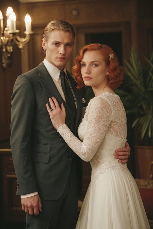 (high image quality, intricate details, 1940, dramatic escene mafia, dramatic romance, holding His VERY BEAUTIFUL wife with RED-HAIR, woman red hair vintage hair)
Tall attractive young man, Beautiful but manly face, blonde hair, angelic face, blue-eyed blond handsome man. Mafia boss, vintage suit from the 40s, vintage home, intimidant eyes, ,RE4Leon,re2leon
