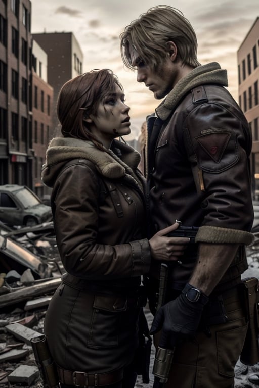 (high definition, saturated color, masterpiece Quality, epic pose of couple  in the apocalypse, abandoned city of Boston, winter in city of Boston)

Couple, of blonde man RE4Leon tall protecting a redhead woman beauty  with longer hair Saturated red hair . Couple men AND women in the apocalypse, the woman next to the blonde man is redhead.

Protective attitude and face with stress, The men hands with weapond Assault rifle.

