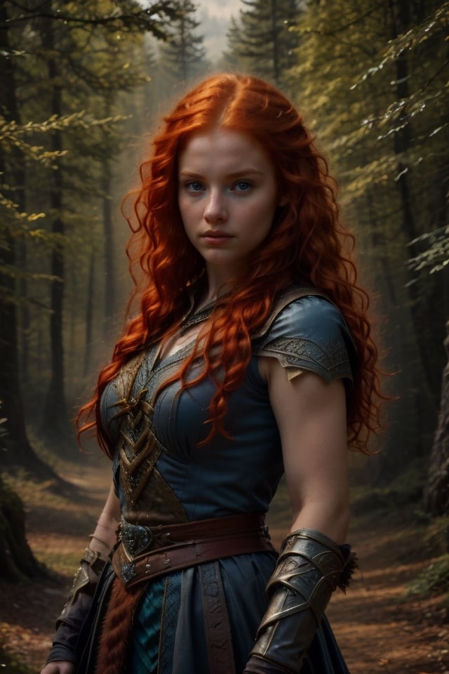 A 16-year-old Merida, with fiery red hair and porcelain-white skin, gazes innocently ahead, her bright blue eyes sparkling. She wears a dark Celtic coat, complete with intricate travel clothing, and holds a small dagger in her hand. Framed against a medieval forest backdrop, the youthful warrior's facial expression remains pure and untouched by the world around her.