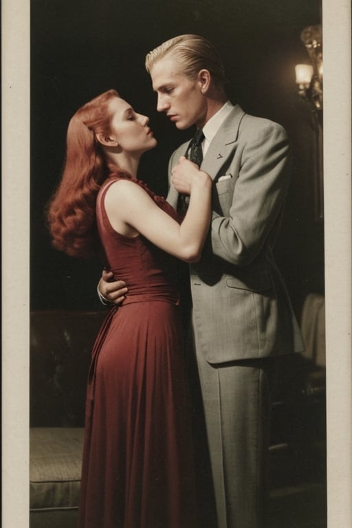 (high image quality, intricate details, 1940, dramatic escene mafia, dramatic romance, holding dancing His VERY BEAUTIFUL wife with RED-HAIR, woman red hair vintage hair)
Tall attractive young man, Beautiful but manly face, blonde hair, angelic face, blue-eyed blond handsome man. Mafia boss, vintage suit from the 40s, vintage home, intimidant eyes, ,RE4Leon,re2leon
