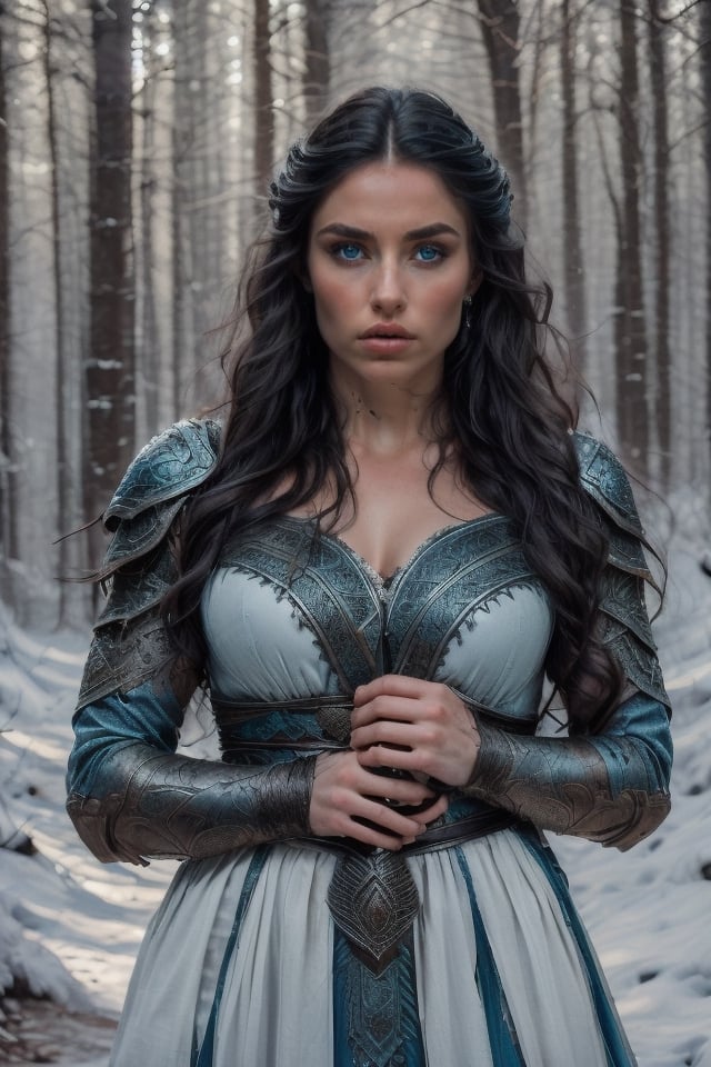 (epic movimiento, small ears, 1 Woman rostro beautiful like Yennifer, beautiful face eropean angelical face,  of a woman with blackhair long, white skin, blue eyes biger. Cold colors, cold lighting)
Dressed a outfit blacK
In forest winter.  (Sword in hand),