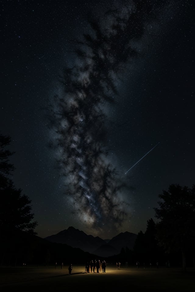 A midnight backdrop of twinkling, star-like figures with human forms illuminate the darkness. Amidst this celestial canvas, a gathering of silhouetted adults stands at attention, their features aglow with an otherworldly light. The stars' gentle glow casts an ethereal ambiance, as if the very fabric of the night sky has been woven into a tapestry of wonder.