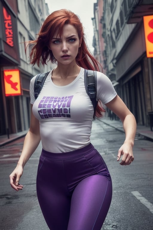 (high quality, masterpiece, heroic pose, Resident Evil video game cover image)woman slim body running for her life, running desesperante, european face anatomy and physiognomy,  redhead woman long hair. Style of Resident Evil,  Raccoon city, street background destriot, a gun in hand ready to shoot, shootgun,  (cinematic  Resident Evil),  (Saturation  colors,  dim colors,  soothing tones:1.3),  low saturation,  natural redhead me woman long, Loose long red hair, angry and tension expression in eyes,  the color of eyes green like jade,  and the test of the uniform tall,( Custome Black pants) ( T Shirt Purple color. color Of the purple t-shirt no prints on shirt)