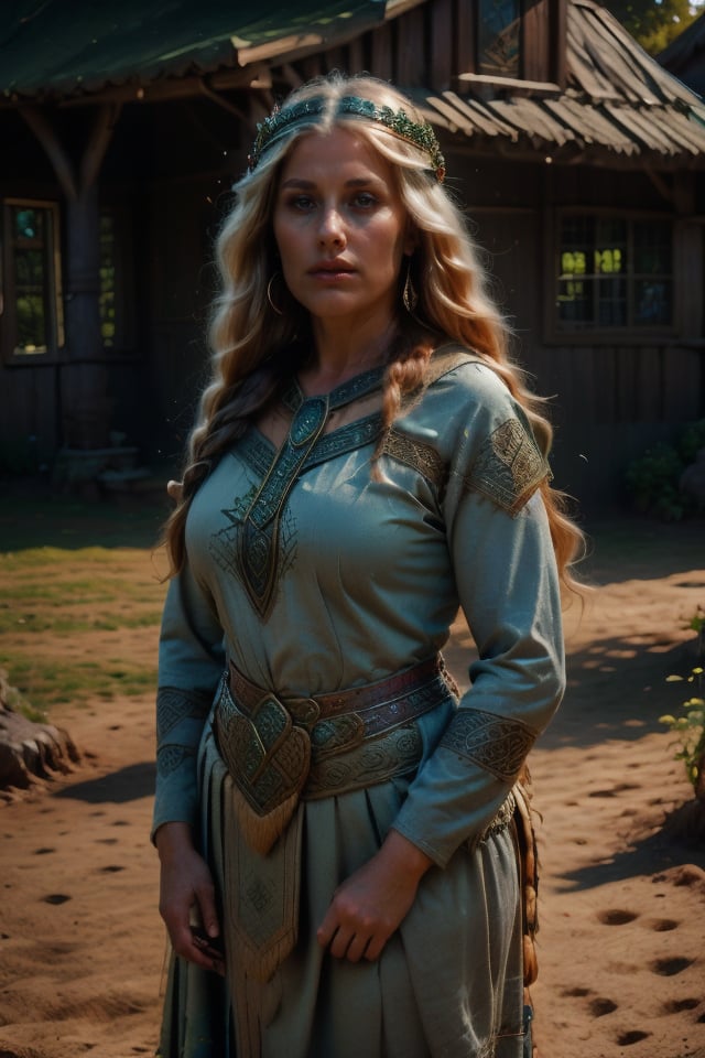 (portrait) A radiant woman, 50 years old, dressed in an Andean Celtic costume, background  Celtic farm. Framed by a rustic wooden fence, her fair skin glows under the warm sunlight. She wears a traditional Celtic headdress , her flowing white hair 