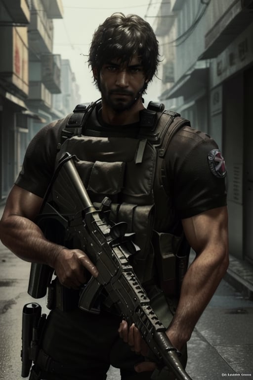 (high quality, masterpiece, heroic pose, Resident Evil video game cover image) 

1 Indian men, men with phenotypic characteristics of India, black hair, Green eyes and light brown skin..
Dressed in black, with a gun in hand, q
Thin with masculine but beautiful features, green eyes, Beard,