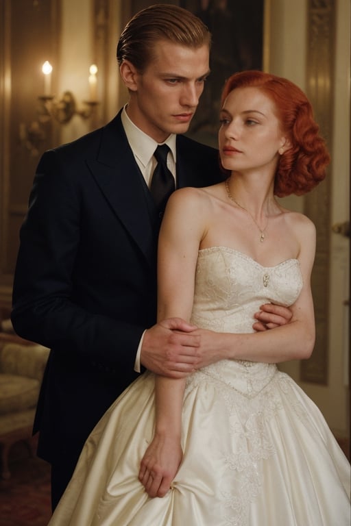 (high image quality, intricate details, 1940, dramatic escene mafia, dramatic romance, holding His VERY BEAUTIFUL wife with RED-HAIR, woman red hair vintage hair)
Tall attractive young man, Beautiful but manly face, blonde hair, angelic face, blue-eyed blond handsome man. Mafia boss, vintage suit from the 40s, vintage home, intimidant eyes, ,RE4Leon,re2leon
