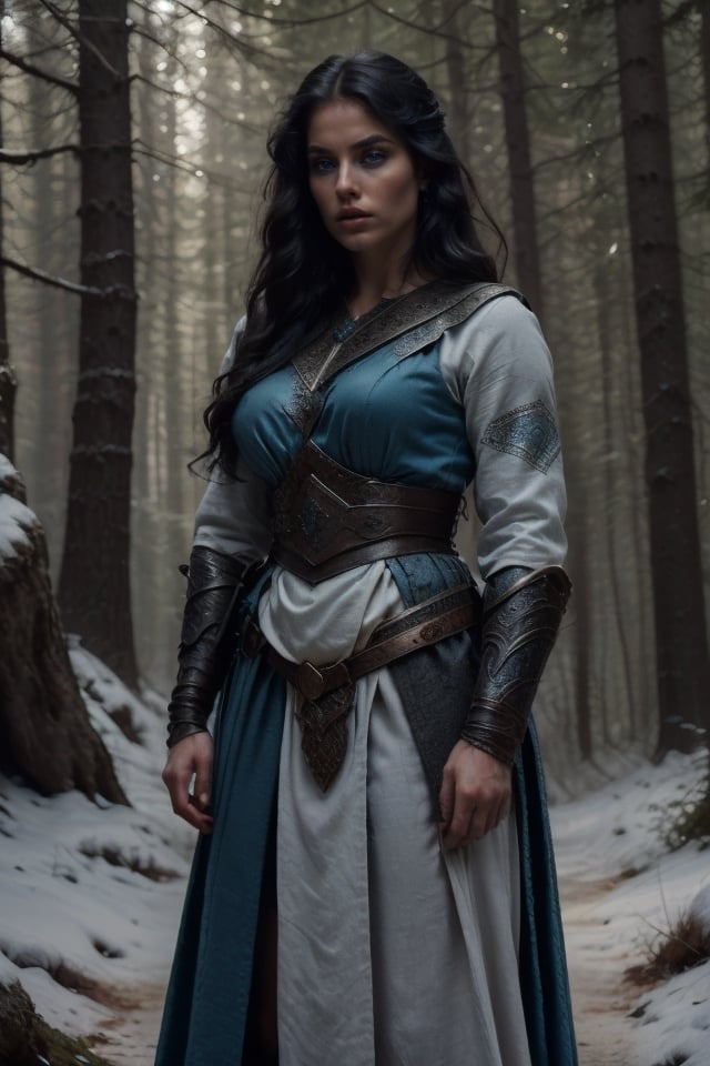 (epic movimiento, small ears, 1 Woman rostro beautiful like Yennifer, beautiful face eropean angelical face,  of a woman with blackhair long, white skin, blue eyes biger. Cold colors, cold lighting)
Dressed a outfit blacK
In forest winter.  (Sword in hand),