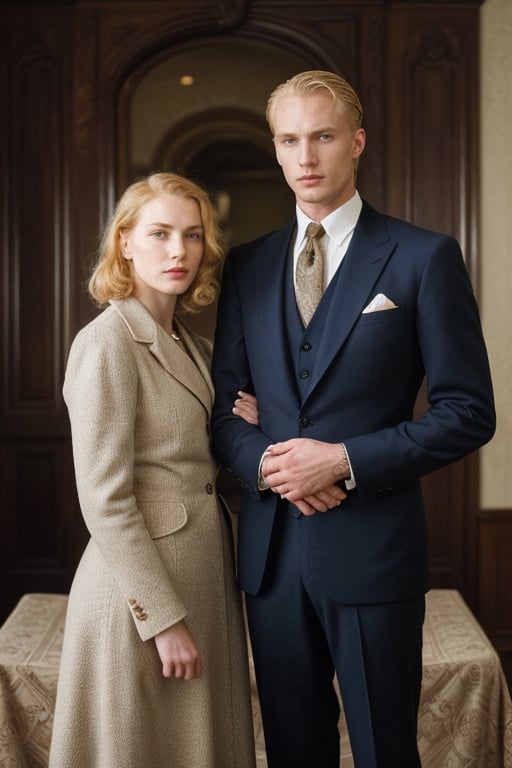 (high image quality, intricate details, inspiration on 1940,holding His wife red-hair)
Tall attractive young man, Beautiful but manly face, blonde hair, angelic face, blue-eyed blond handsome man. Mafia boss, vintage suit from the 40s, vintage home, intimidant eyes, ,RE4Leon,re2leon