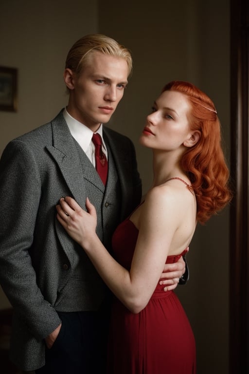 (high image quality, intricate details, 1940, dramatic escene, dramatic romance photo, holding His VERY BEAUTIFUL wife with RED-HAIR, woman red hair vintage hair)
Tall attractive young man, Beautiful but manly face, blonde hair, angelic face, blue-eyed blond handsome man. Mafia boss, vintage suit from the 40s, vintage home, intimidant eyes, ,RE4Leon,re2leon
