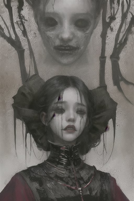  horror (theme) (Horror illustration, terrifying scene, portrait) very beautyfull Woman with short black hair, no eyes, No eyeballs hollow black eyes. Vestido rojo con tres rosas en la mano.