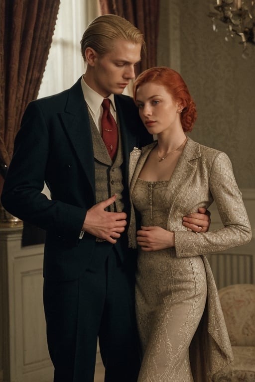 (high image quality, intricate details, 1940, dramatic escene mafia, dramatic romance, holding His VERY BEAUTIFUL wife with RED-HAIR, woman red hair vintage hair)
Tall attractive young man, Beautiful but manly face, blonde hair, angelic face, blue-eyed blond handsome man. Mafia boss, vintage suit from the 40s, vintage home, intimidant eyes, ,RE4Leon,re2leon
