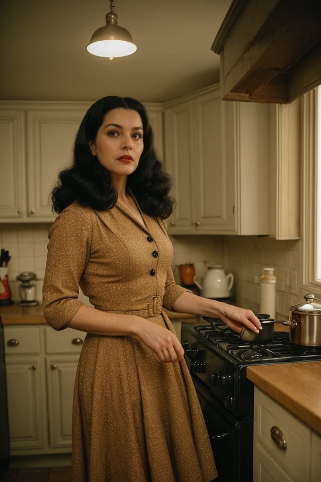 1women 50 years old, dress  style of 1940 in Kitchen, brown eyes, black_hair Long, very black hair (high quality image, vintage setting, 1940s, intricate details, scene like a movie horror, dramátic, focus face, kitchen action cooking)